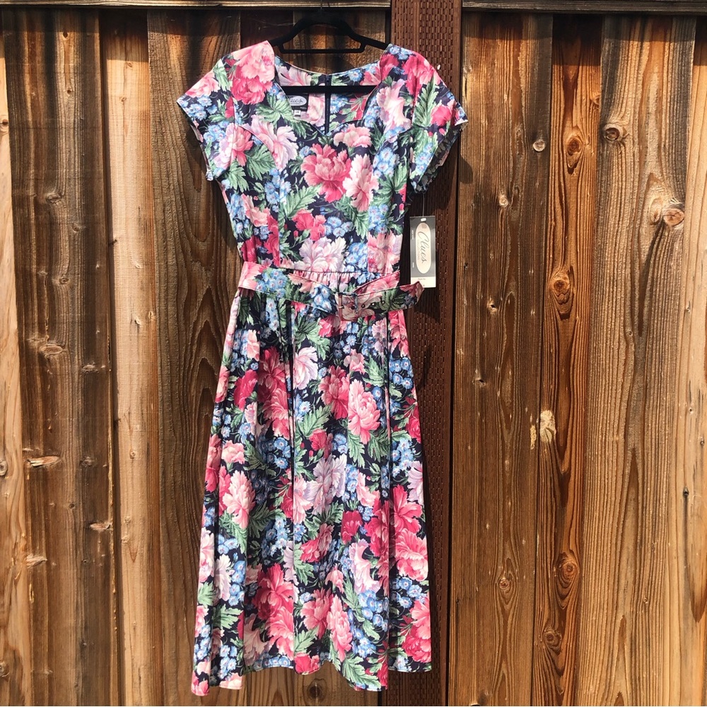 Vintage 100% Cotton Floral Peony Sweetheart Belted Women Midi Dress, size 14